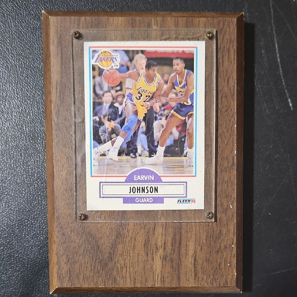 Vintage Earvin Johnson Basketball Card Plaque with Wooden Frame